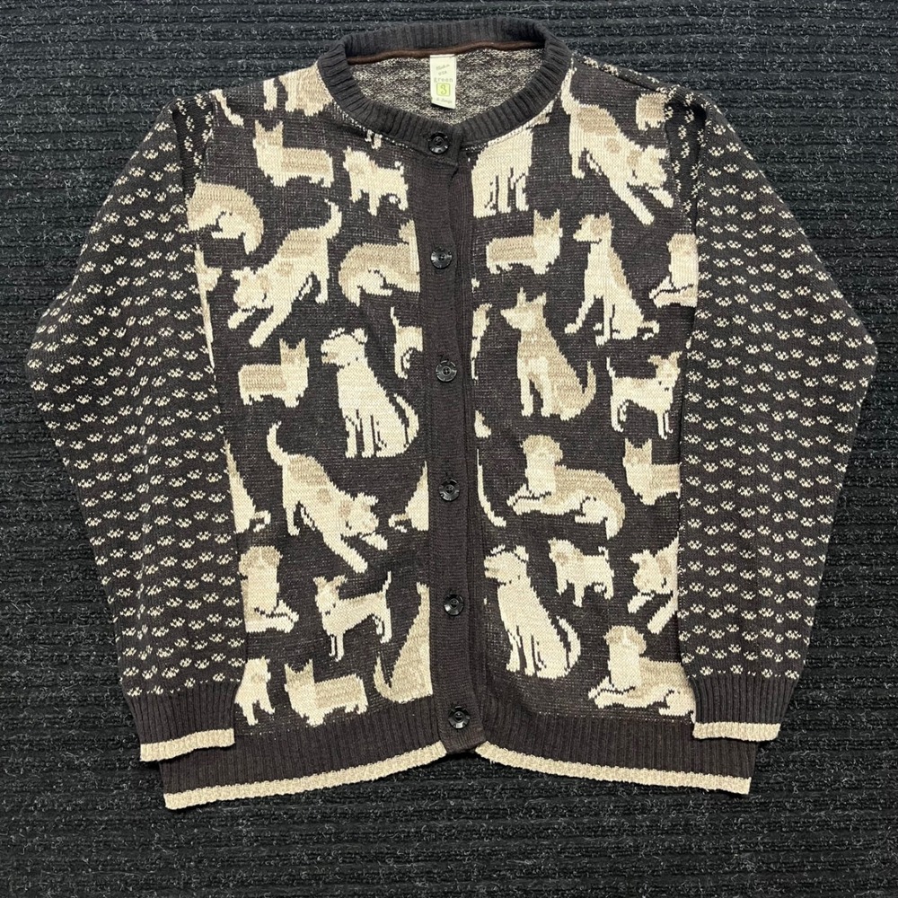 Green 3 Dog Print Cardigan Sweater Brown Recycled Cotton XL Made in USA